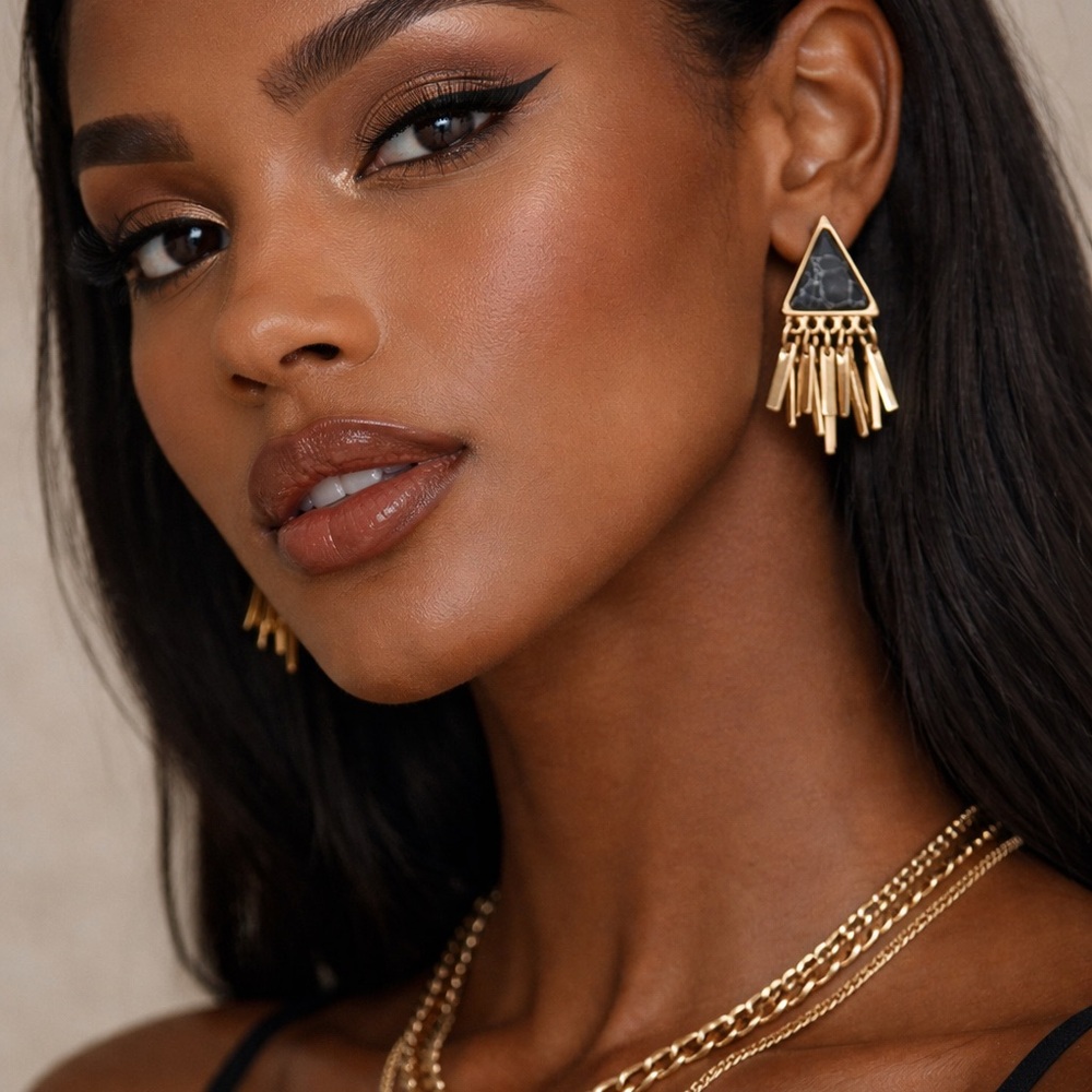 H&M Gold Tone Fringe Earrings with Black Stone Triangle